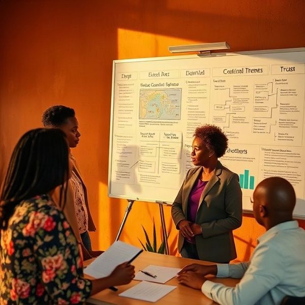 Small team collaborating around a whiteboard covered in workflow diagrams