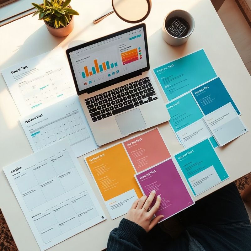 Flat-lay of editorial calendars, a laptop with analytics, and colour-coded brief templates