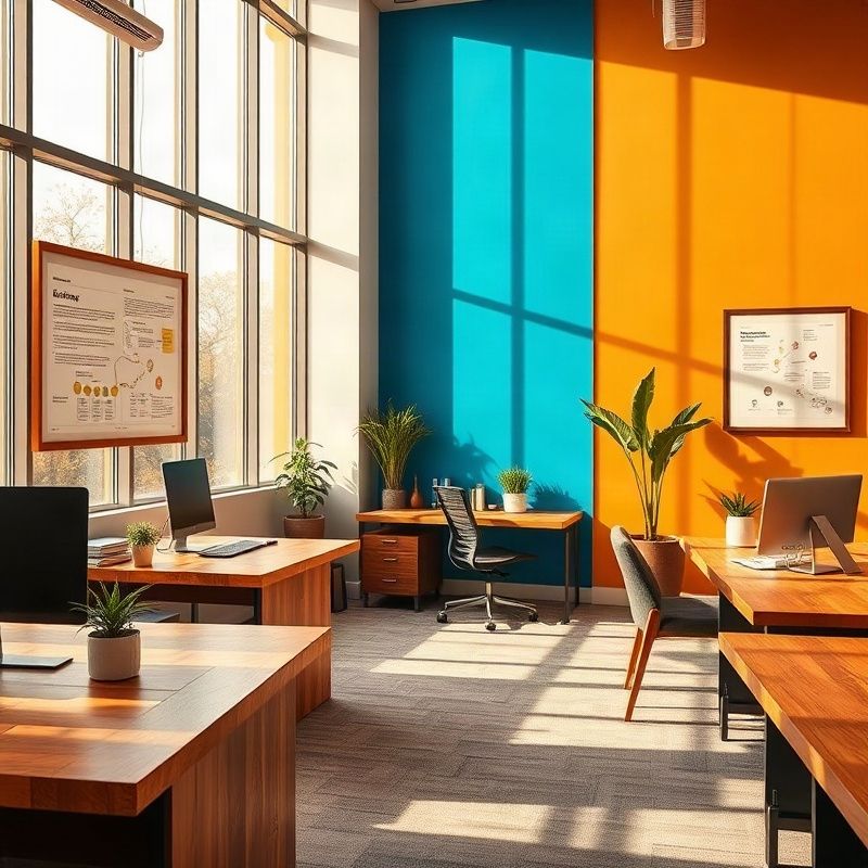 Bright Nakuru office interior with azure wall accents and acacia-wood desks