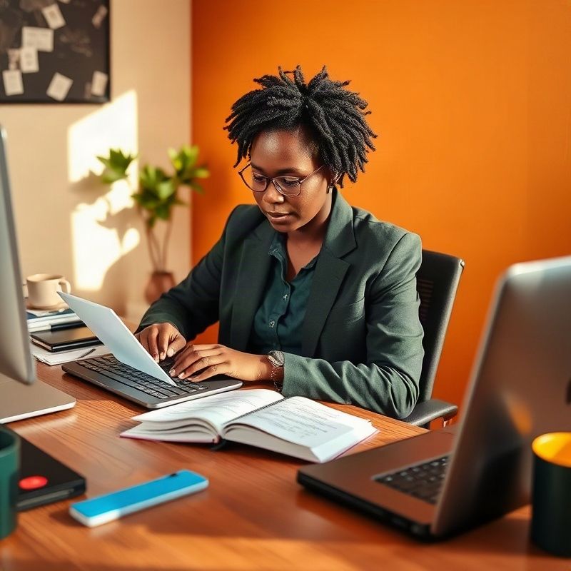 Professional at a tidy desk composing an email with strategy notes beside the keyboard
