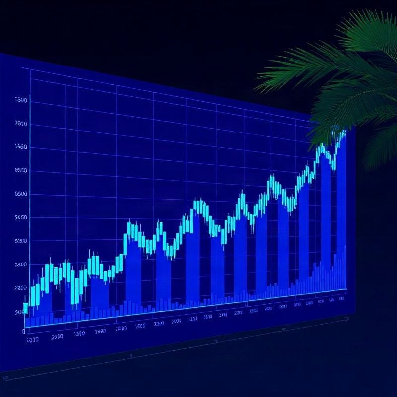 Parede de gráficos históricos e curva de performance em azul-elétrico sobre fundo indigo