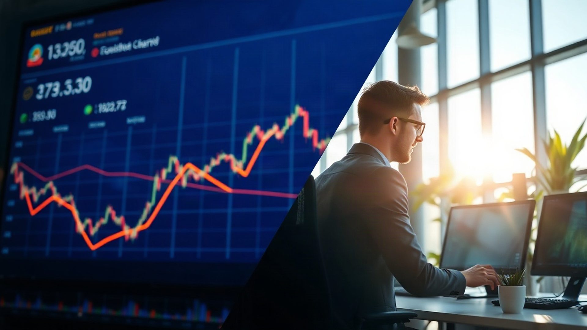 Painel de trading indigo-tech da Orbitbecho ao lado de trader em escritório em Curitiba